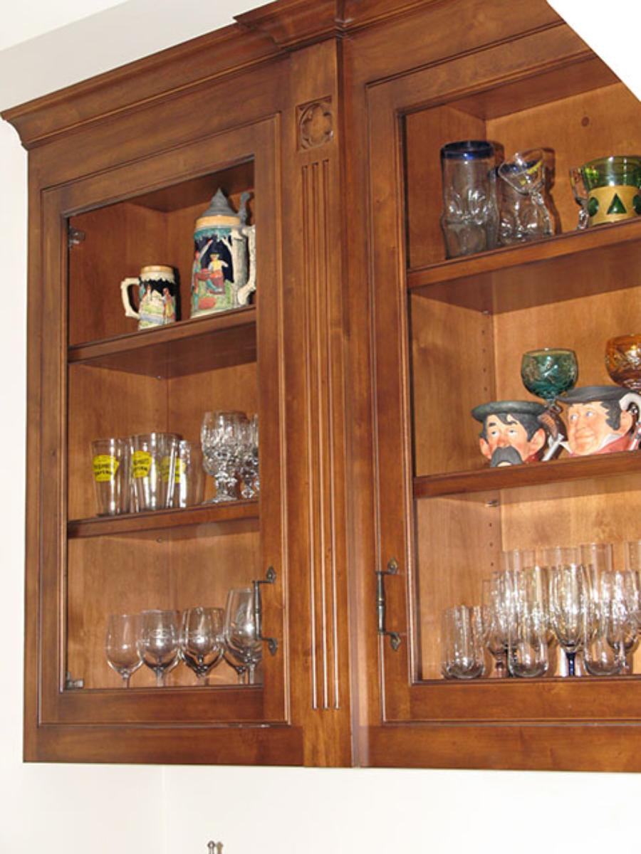 Stained display cabinet with open shelving and detailed trim, Santa Ynez project