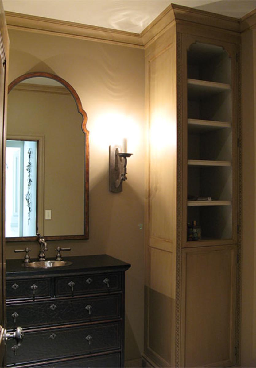 Hallway built-in with display shelving and traditional trim, Santa Ynez project