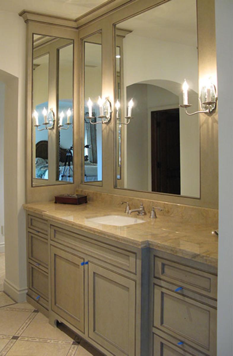 Custom bathroom vanity with tri-fold mirror and stone countertop, Santa Ynez project
