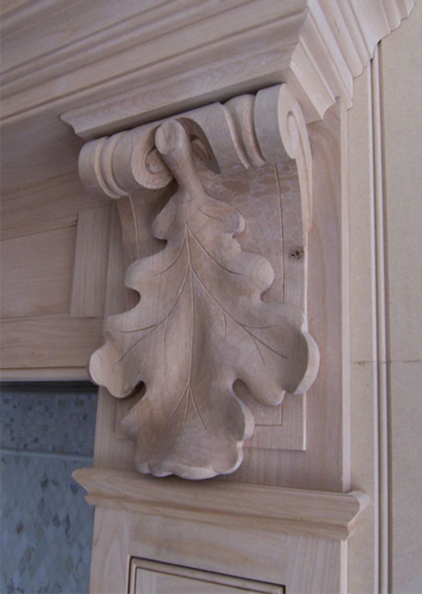 Hand-carved oak leaf detail in raw hardwood, Santa Ynez project